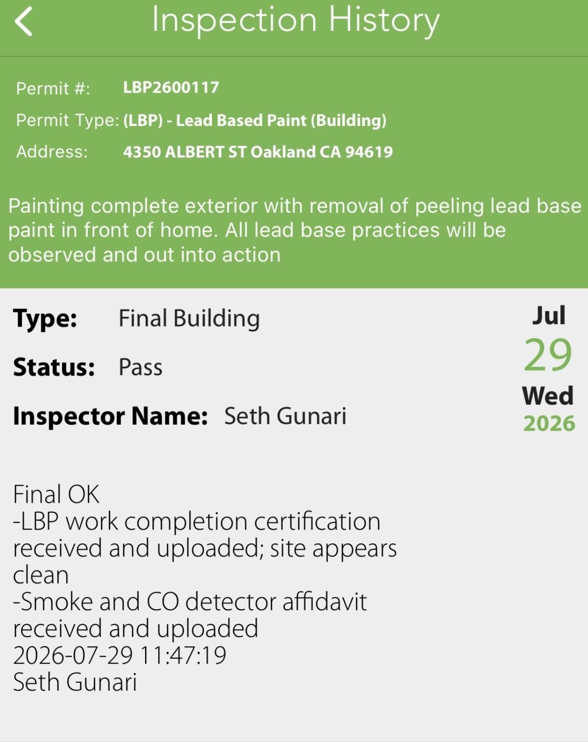 Inspection History screen showing permit details and final building pass status.