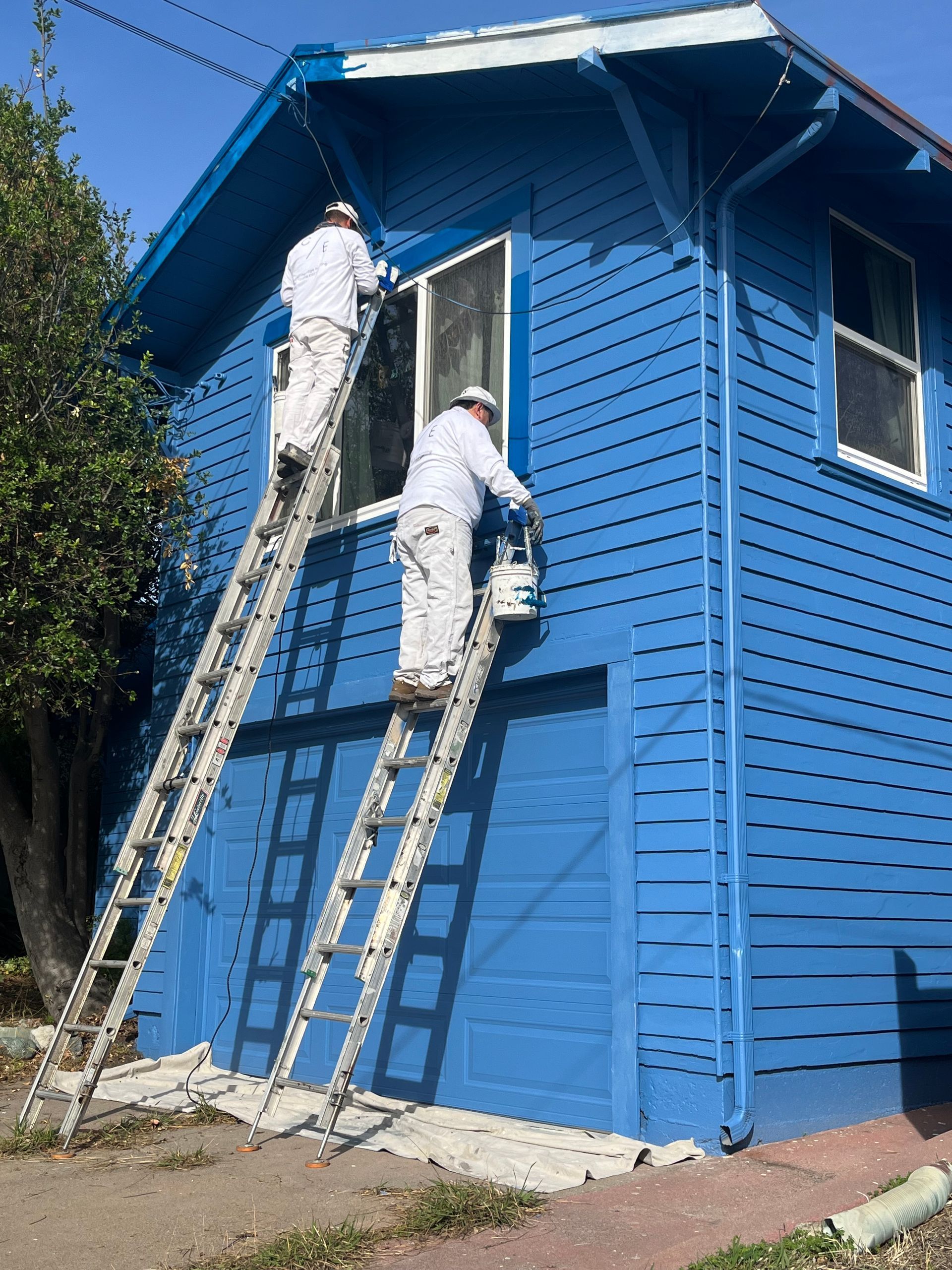 Team of Cutting Edge Painters on ladders painting a bright blue house exterior