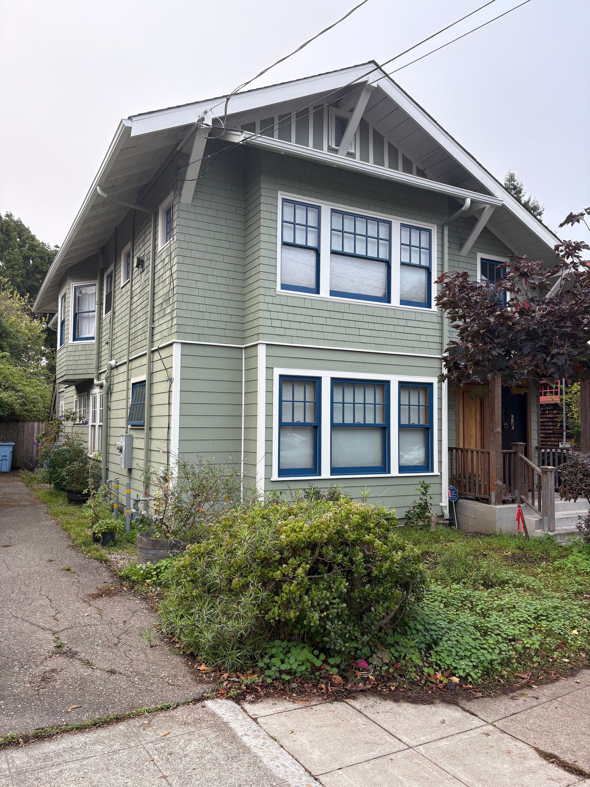 Green two-story house with white trim, blue-framed windows, and a gravel driveway beside shrubs.