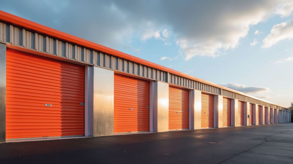 Outdoor storage units with orange doors and metal exterior. Outdoor storage units with orange doors and metal exterior.