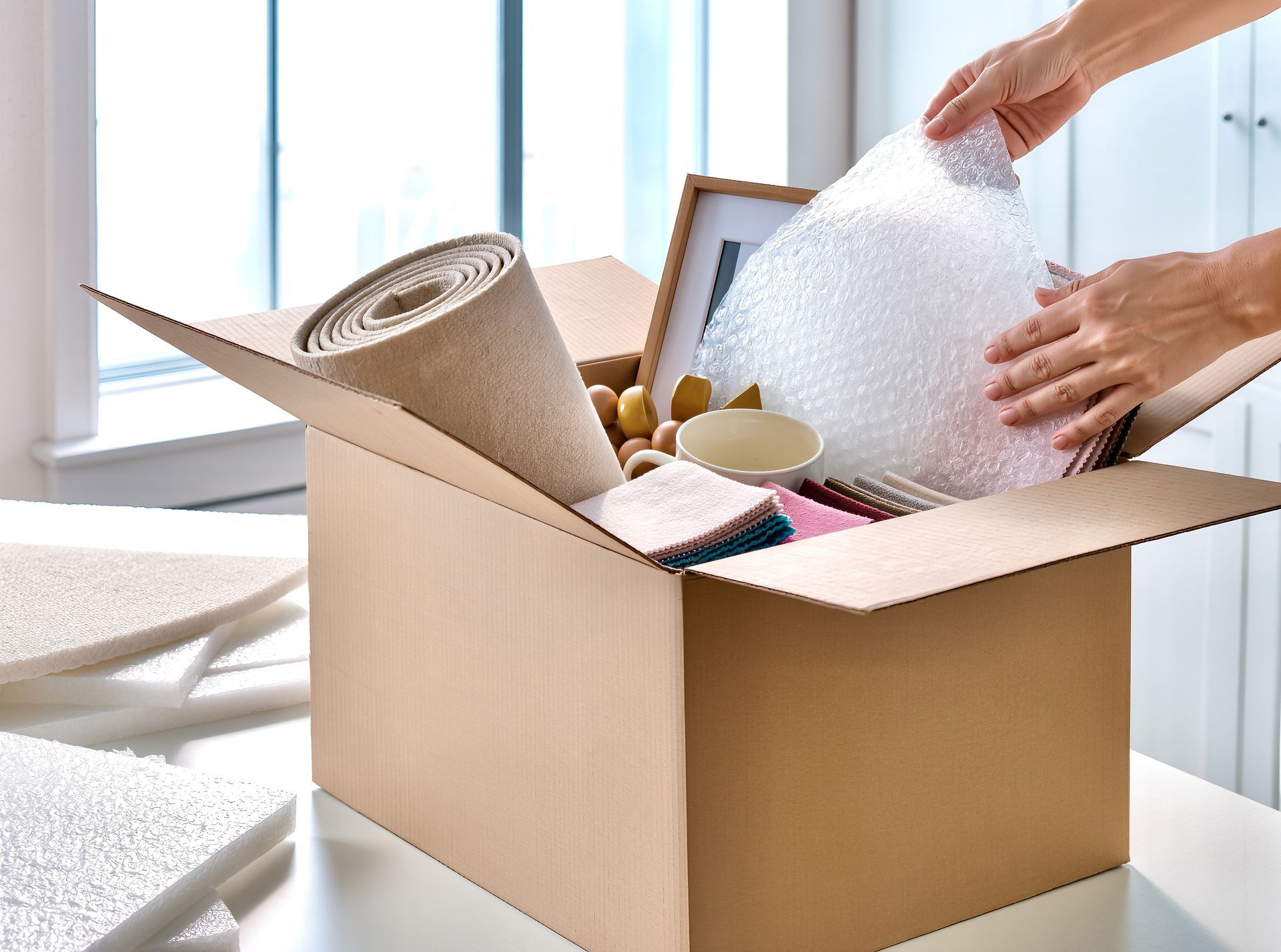 A person's hands carefully placing bubble wrap over household items inside a cardboard box.