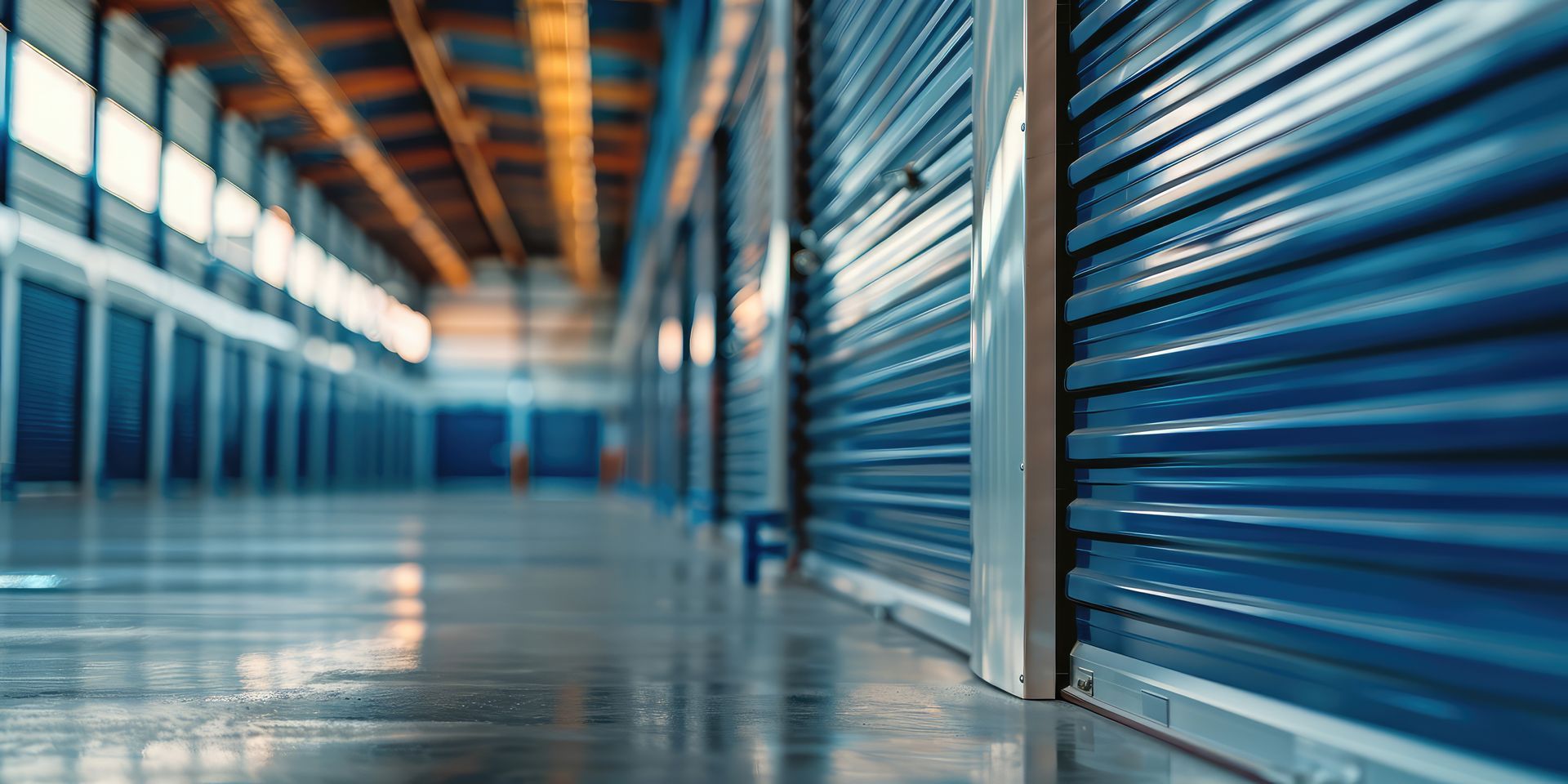 Sunlit indoor self-storage hallway lined with blue metal roll-up doors and polished concrete floor. Sunlit indoor self-storage hallway lined with blue metal roll-up doors and polished concrete floor.