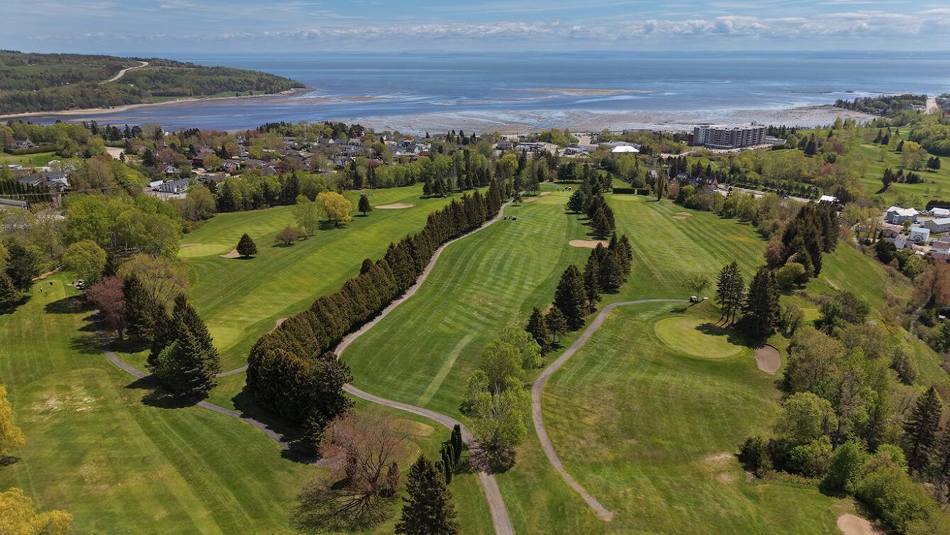 Sunny golf course fairway with green rolling hills and trees in the background