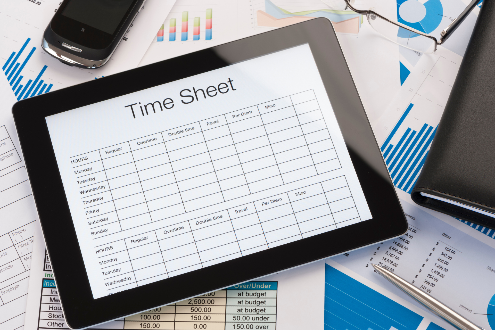 A tablet with a time sheet on it
