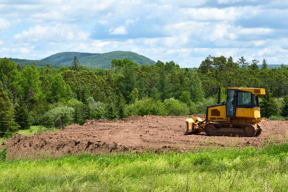 Yellow Bulldozer on a Brown, Cleared Land, With Trees and a Hill — Rhino Excavator & Bobcat Hire in Gordonvale, QLD