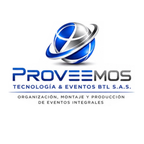 Logo de PROVEEMOS Tecnología & Eventos con esfera azul y gris sobre fondo blanco