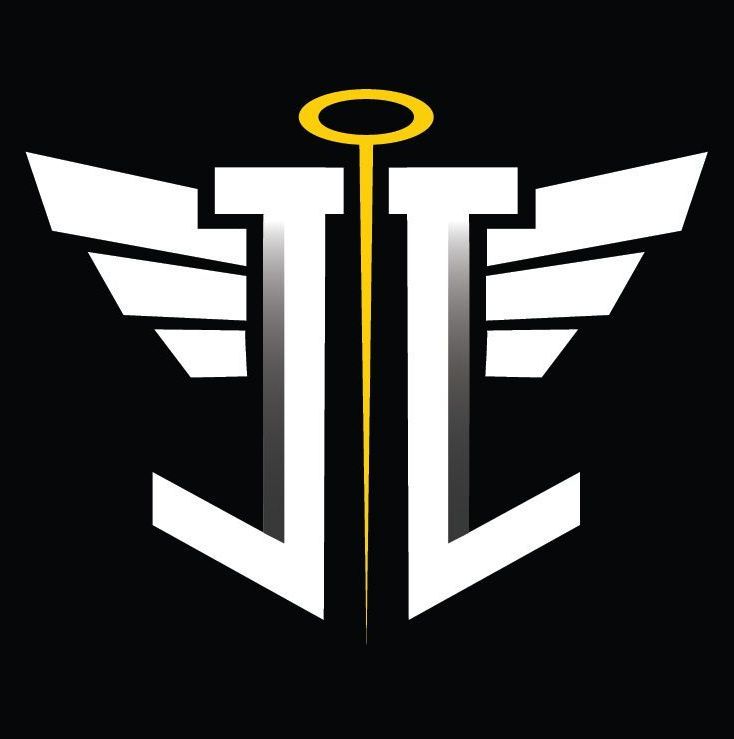 A white logo with wings and a yellow halo on a black background.