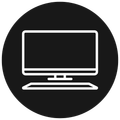 White computer monitor icon on a black circular background