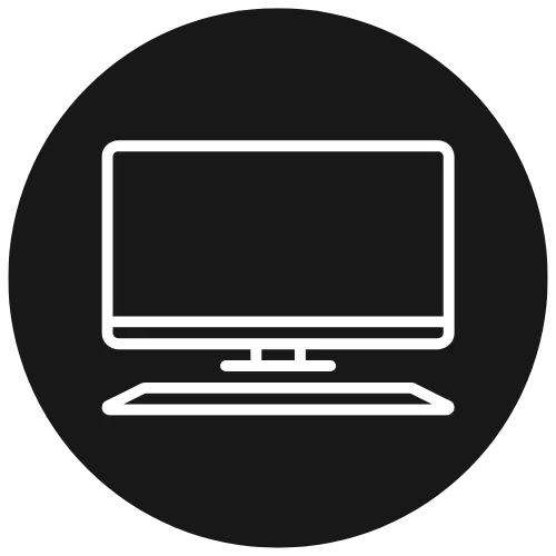White computer monitor icon on a black circular background