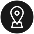 White location pin icon on a black circular background