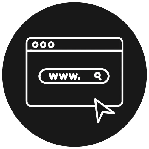 Black browser window icon with WWW search bar and cursor pointer on a dark circle background