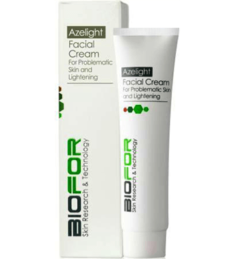 Azalight Biofor facial cream tube and box for problematic skin and lightening, white packaging with green accents