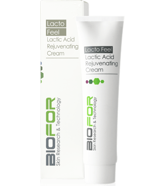 BioPor white tubes and box of Lacto Feel Lactic Acid Rejuvenating Cream with green accents