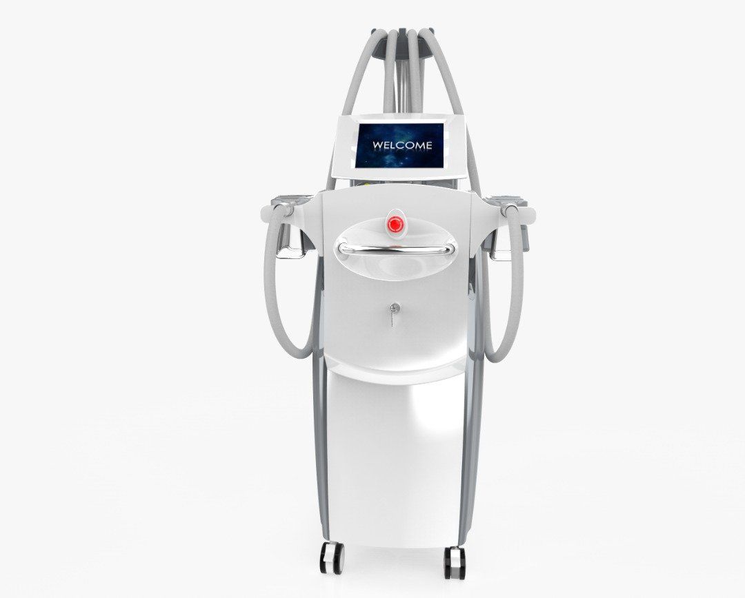 White medical/aesthetic device with a small screen, red button, and attached side hoses on a stand