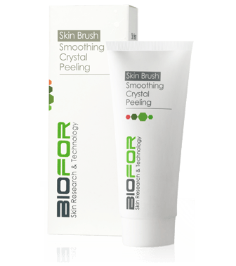 Biofor Smoothing Crystal Peeling skincare tube and box, white packaging with green and gray accents