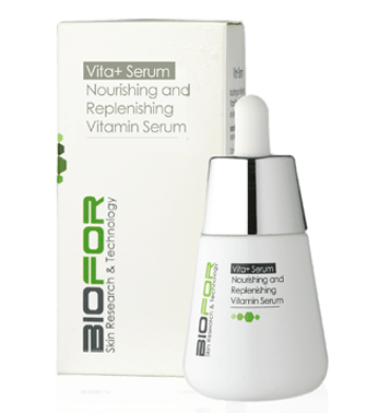 Bio Plus Vitamin Serum bottle and box, white packaging with green accents, droplet applicator on display