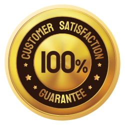 Gold customer satisfaction guarantee badge with “100%” in the center