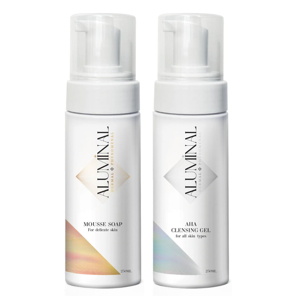 Two white ALMINI skincare pump bottles with pastel geometric labels on a white background