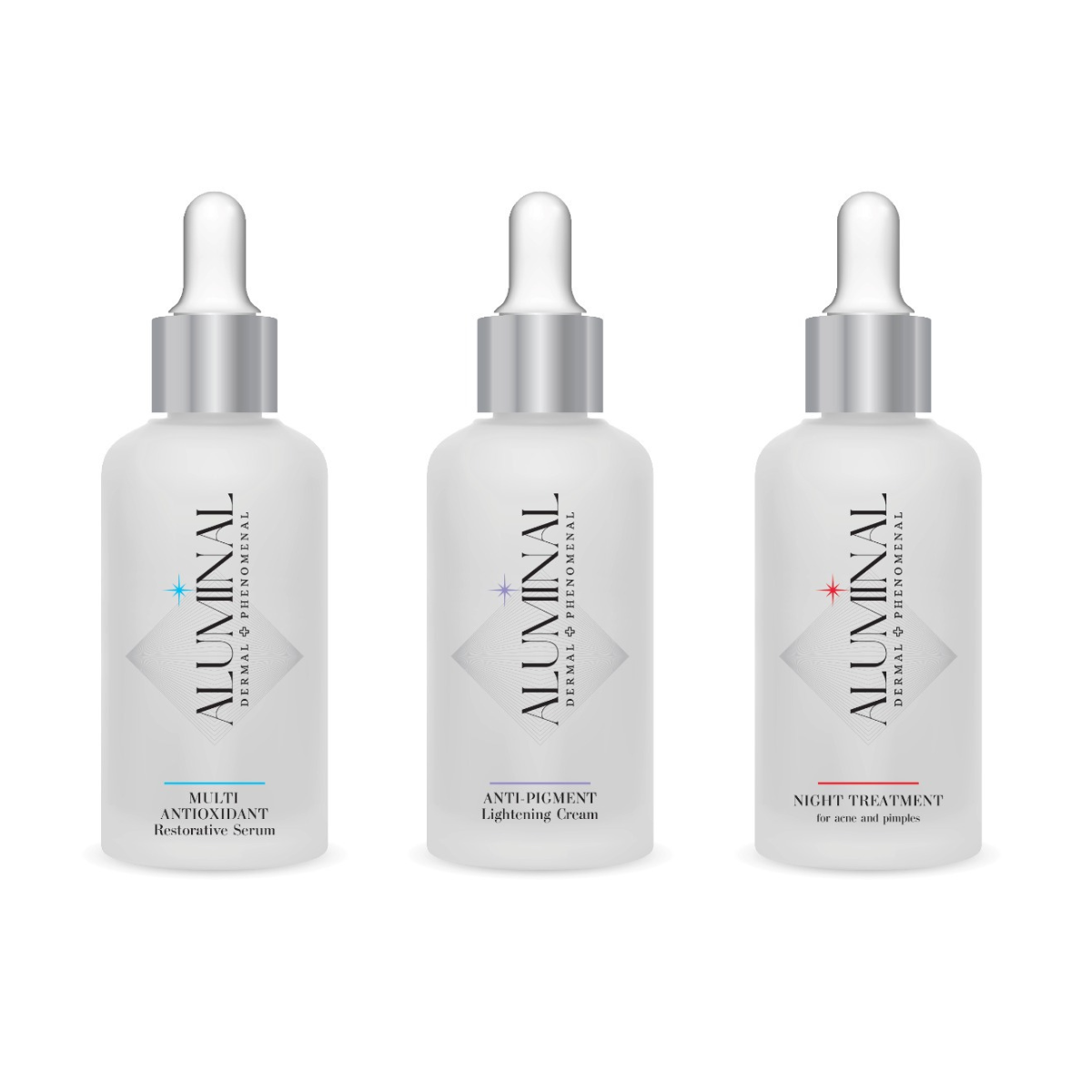 Three frosted glass dropper bottles with silver caps on a white background