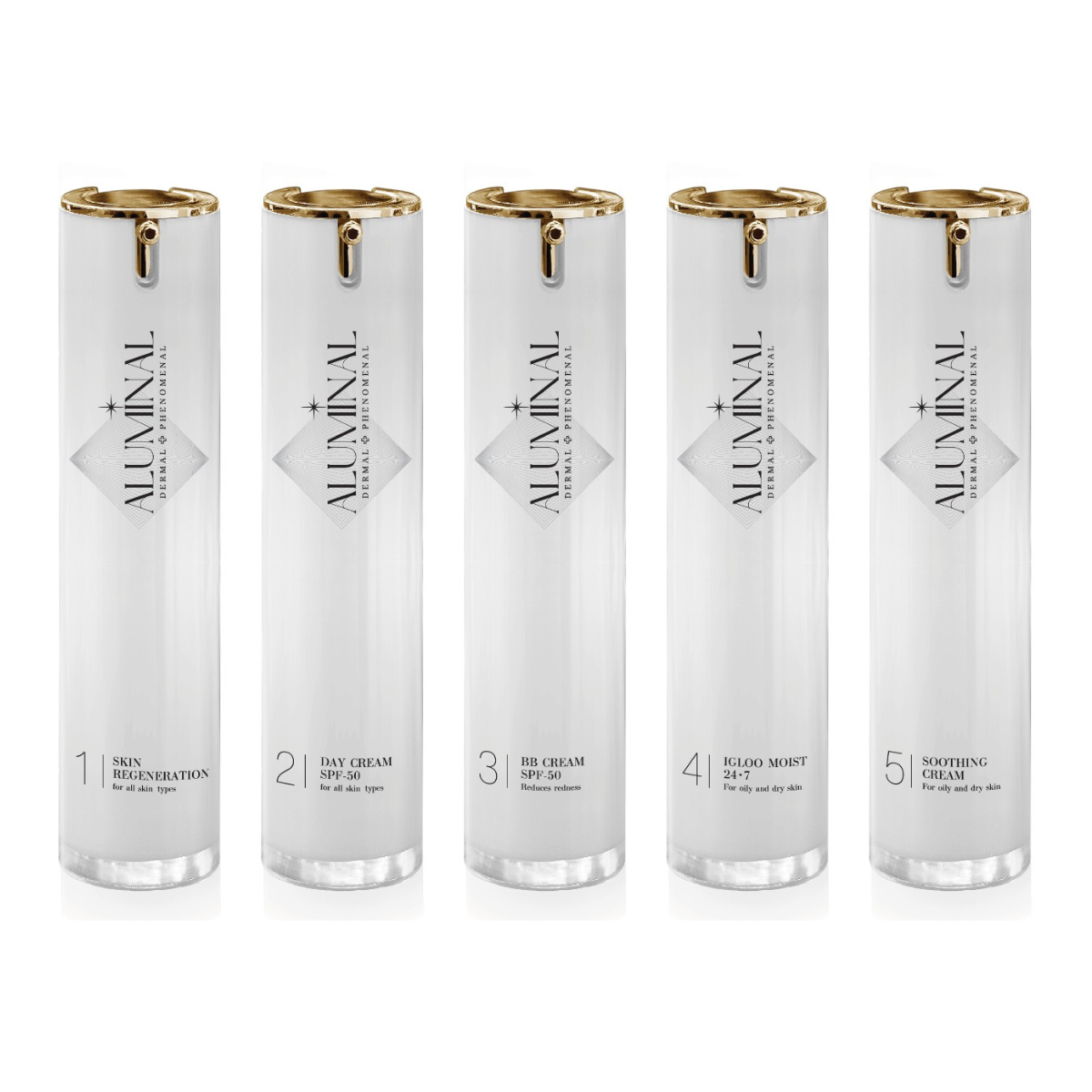 Five white cosmetic bottles with gold caps, labeled 1 to 5, arranged in a row on a white background