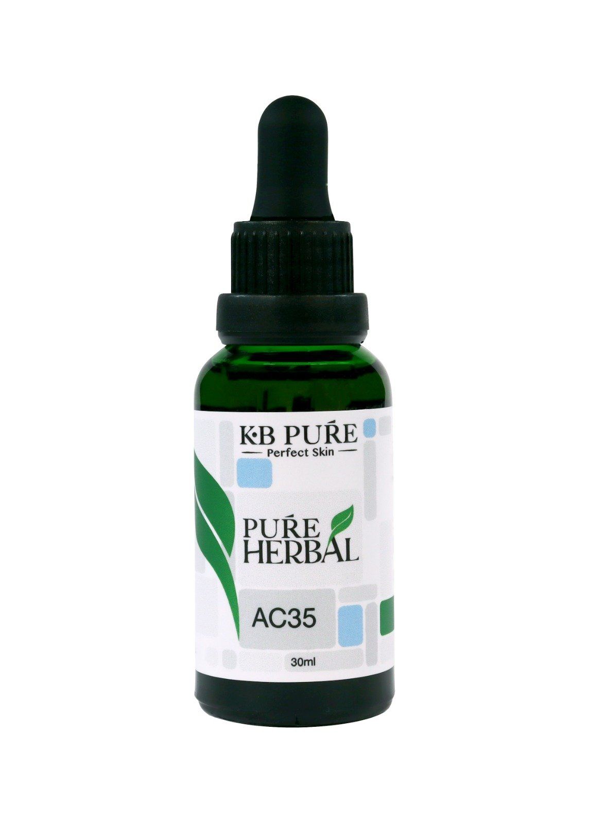 Green dropper bottle labeled “KB PURE” and “PURE HERBAL AC35” on a white background