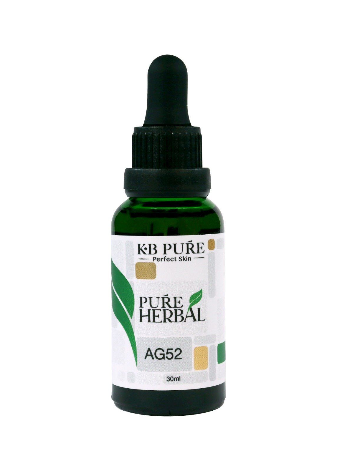 Green dropper bottle labeled “KB Pure” and “Pure Herbal AG62” with a black cap.