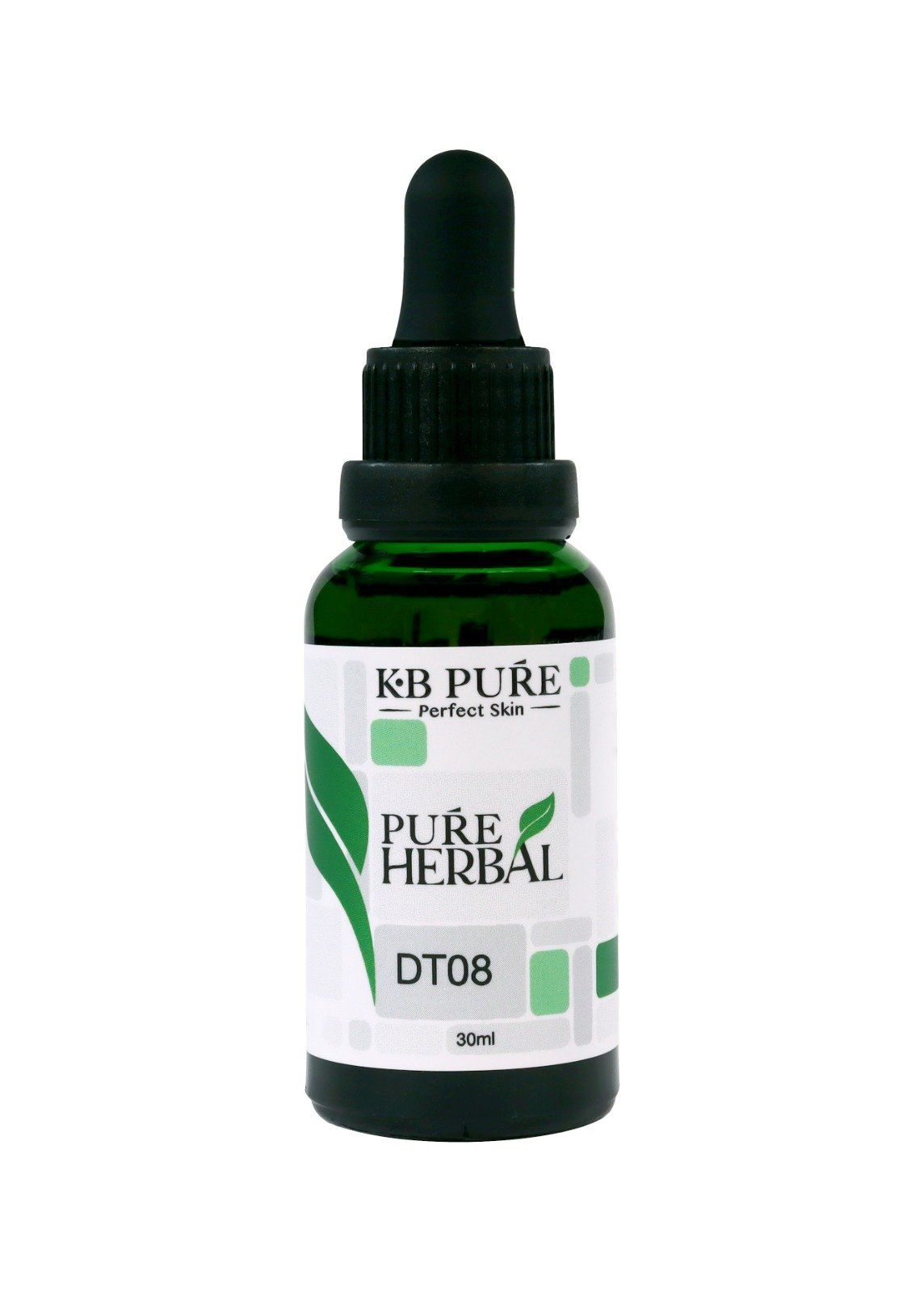 Green glass dropper bottle labeled “KB PURE Herbal D TDS” on a white background