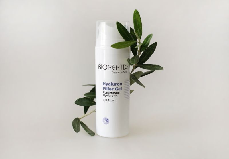 Bepoetx Hyaluron Filter Gel Cleanser bottle with green leaves on a white background