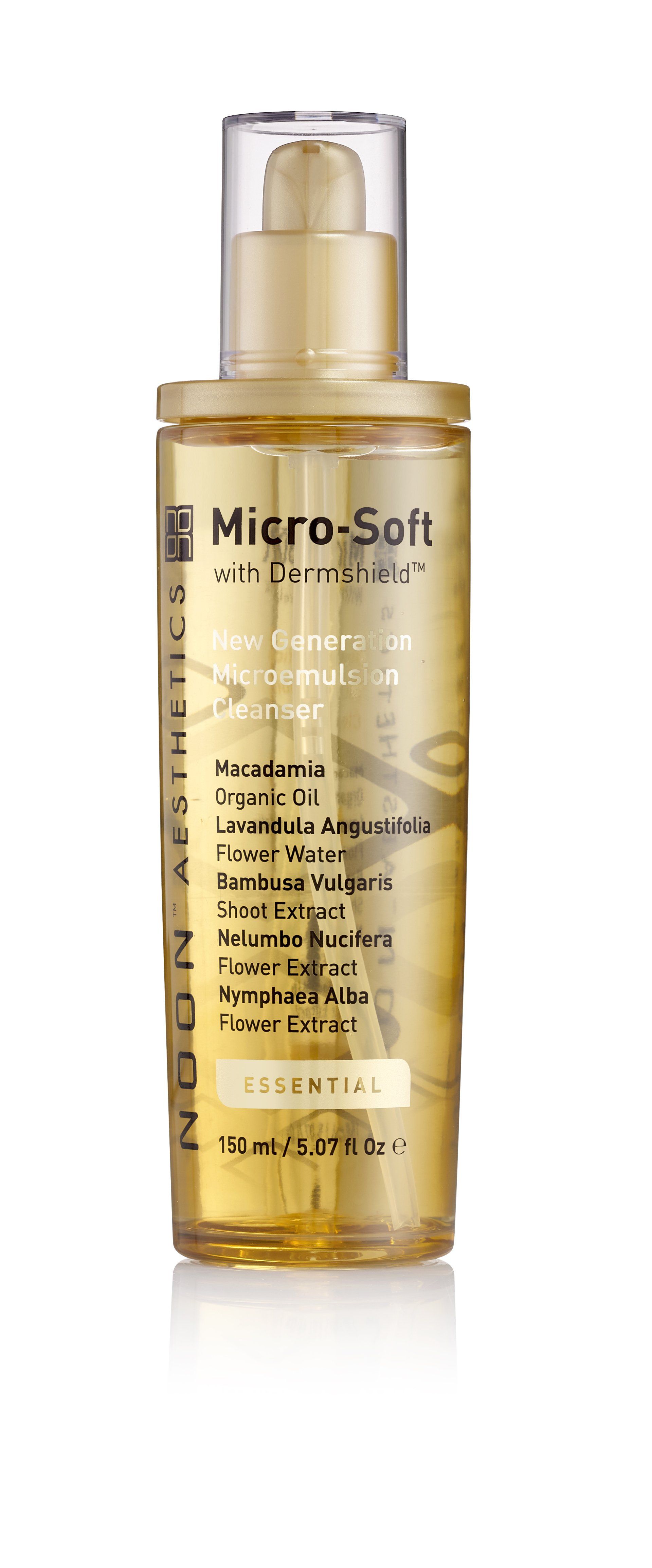 Gold bottle of Micro-Sculpt skincare serum with pump dispenser on white background