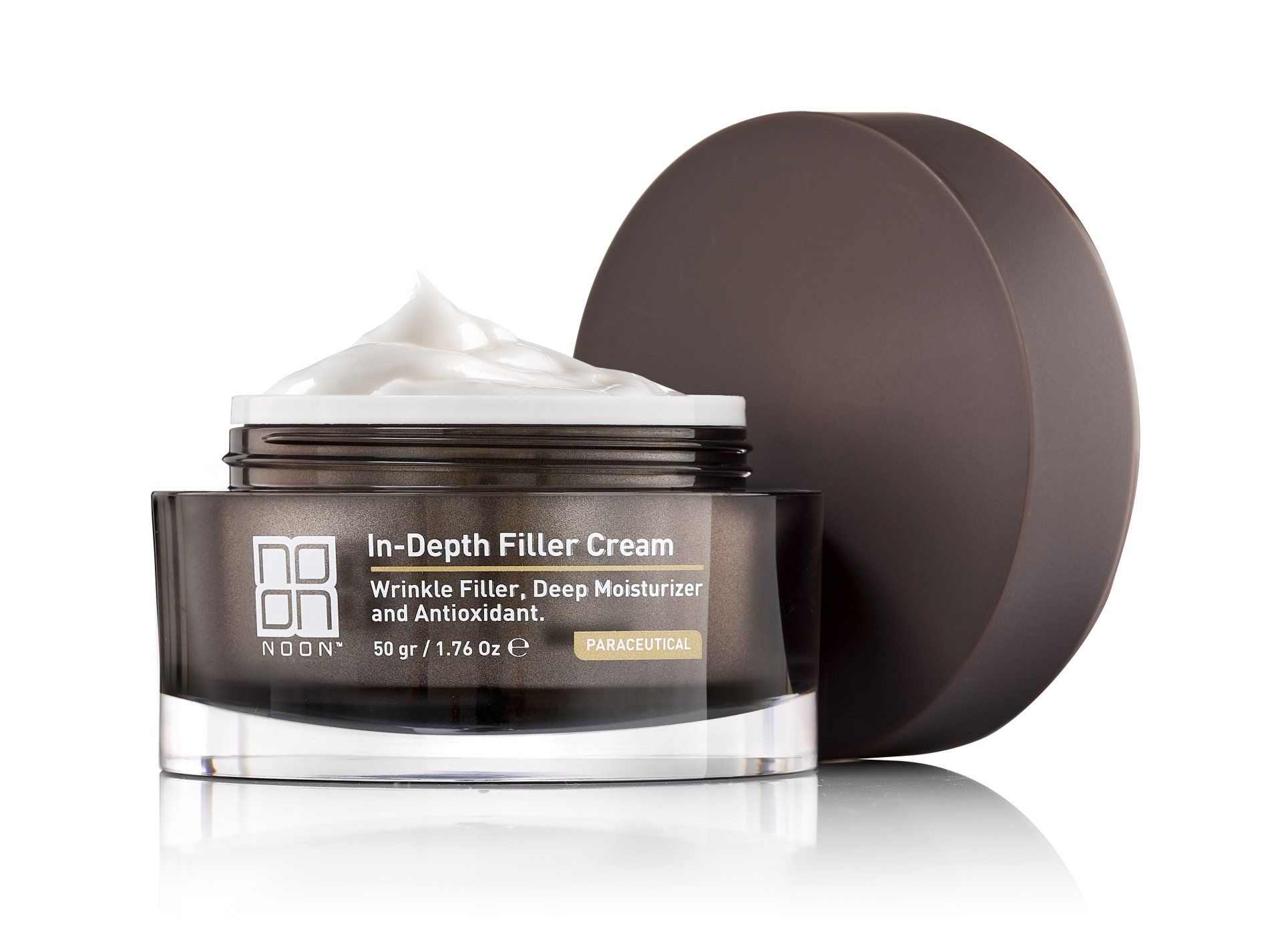 Jar of In-Depth Filter Cream with white cream and brown lid on a white background