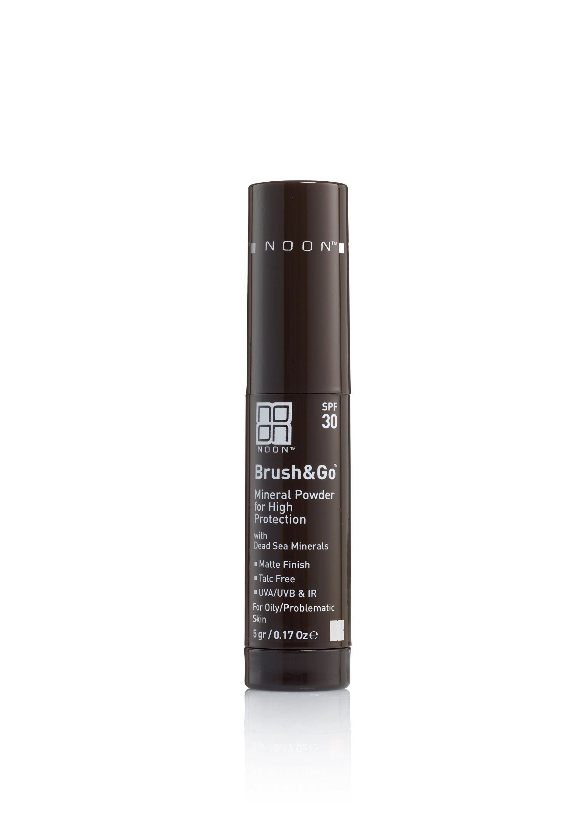 Black cylindrical brush serum bottle with white text on a white background