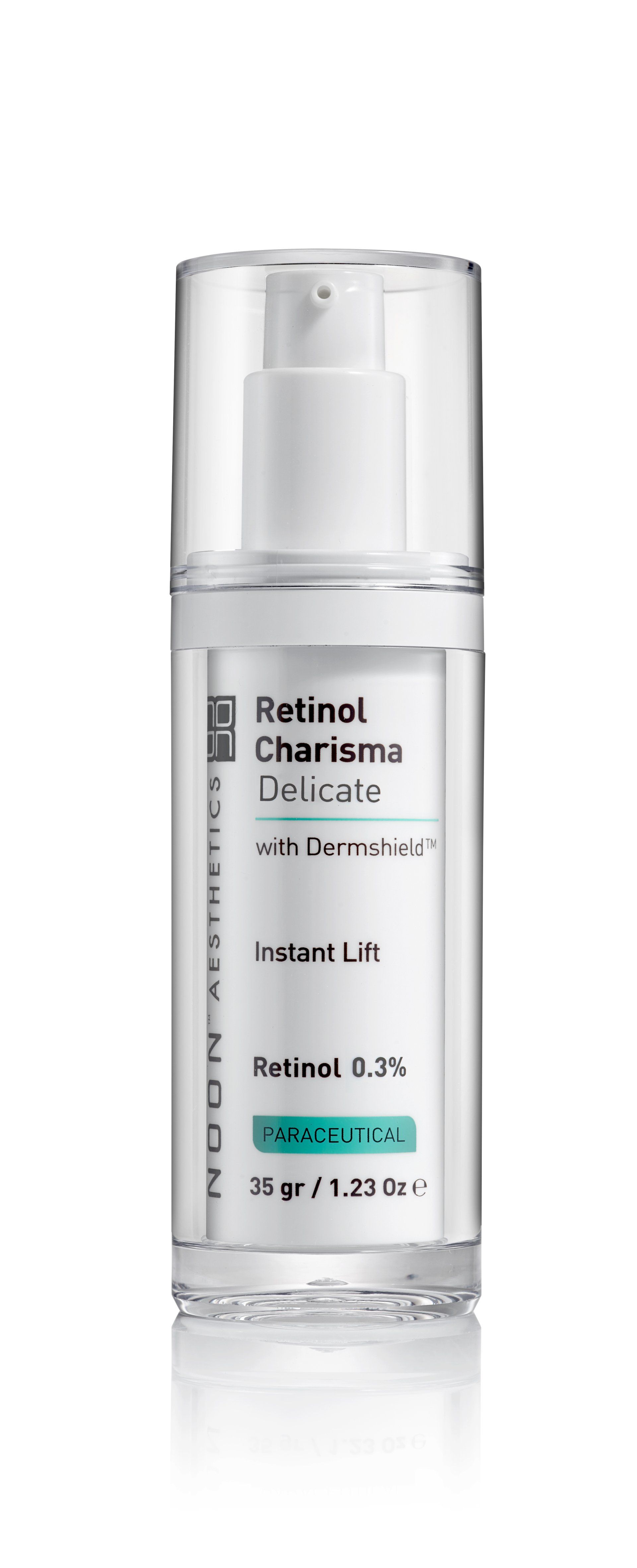 A clear cosmetic serum bottle with a white cap on a white background.