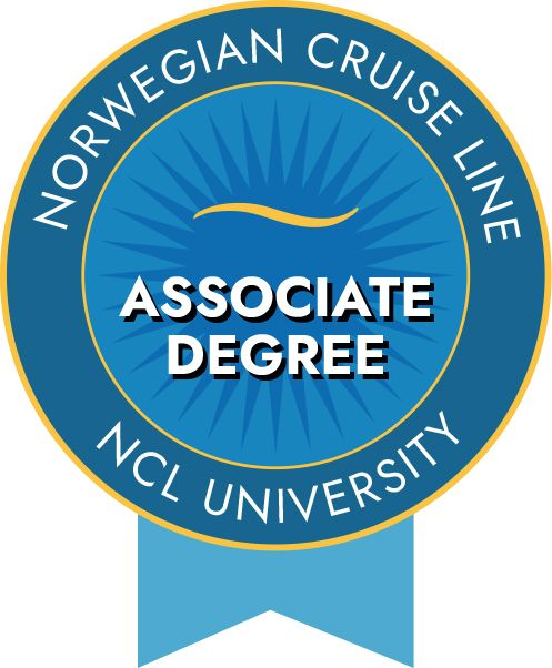 Norwegian Cruise Line Associate Degree badge, blue and gold circular logo with ribbon banner