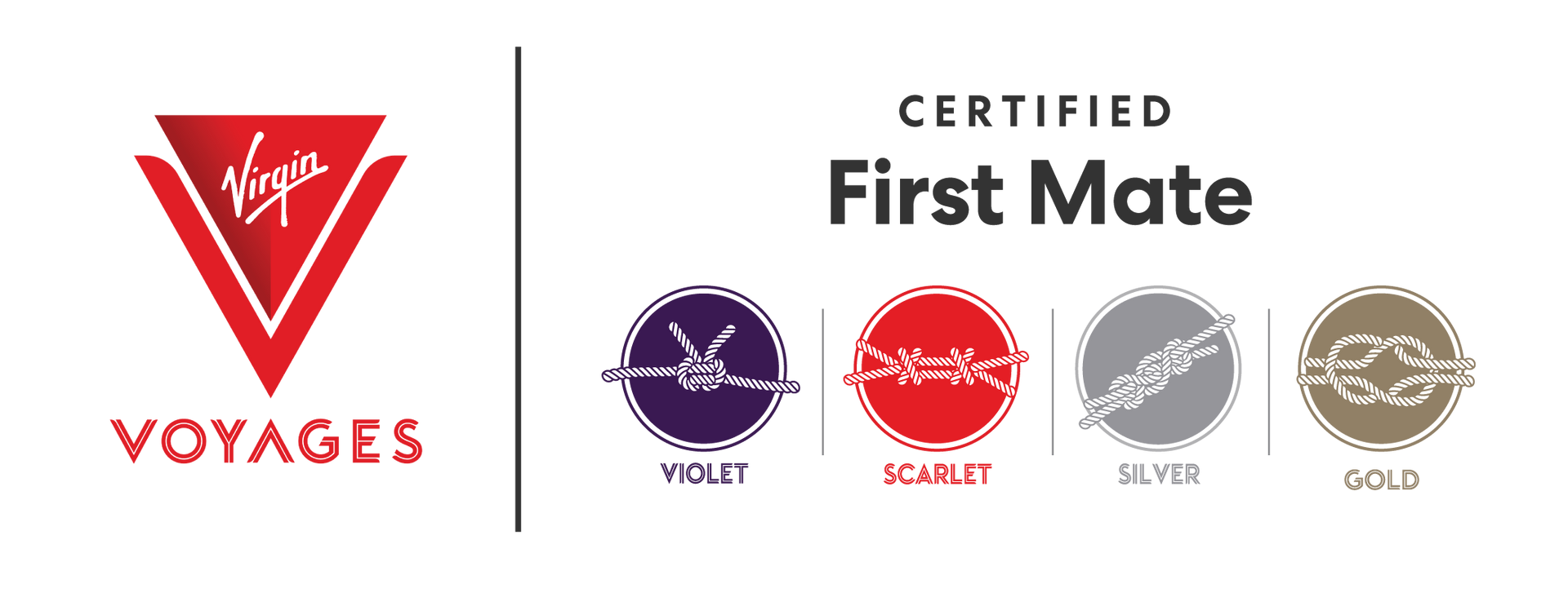 Virgin Voyages logo with “Certified First Mate” and four award-style badges on a white background