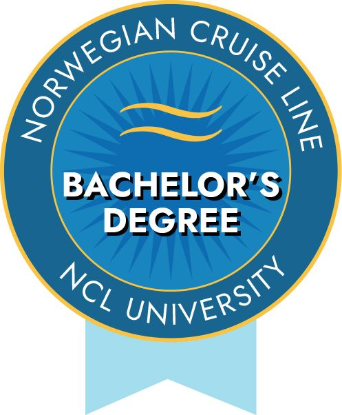 Norwegian Cruise Line NCL University bachelor’s degree badge with blue ribbon and gold accents