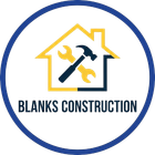 Logo for Blanks Construction: house silhouette with wrench, hammer; yellow, black, blue.
