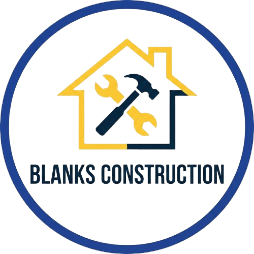 Logo for Blanks Construction: house silhouette with wrench, hammer; yellow, black, blue.