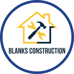 Logo for Blanks Construction: house silhouette with wrench, hammer; yellow, black, blue.