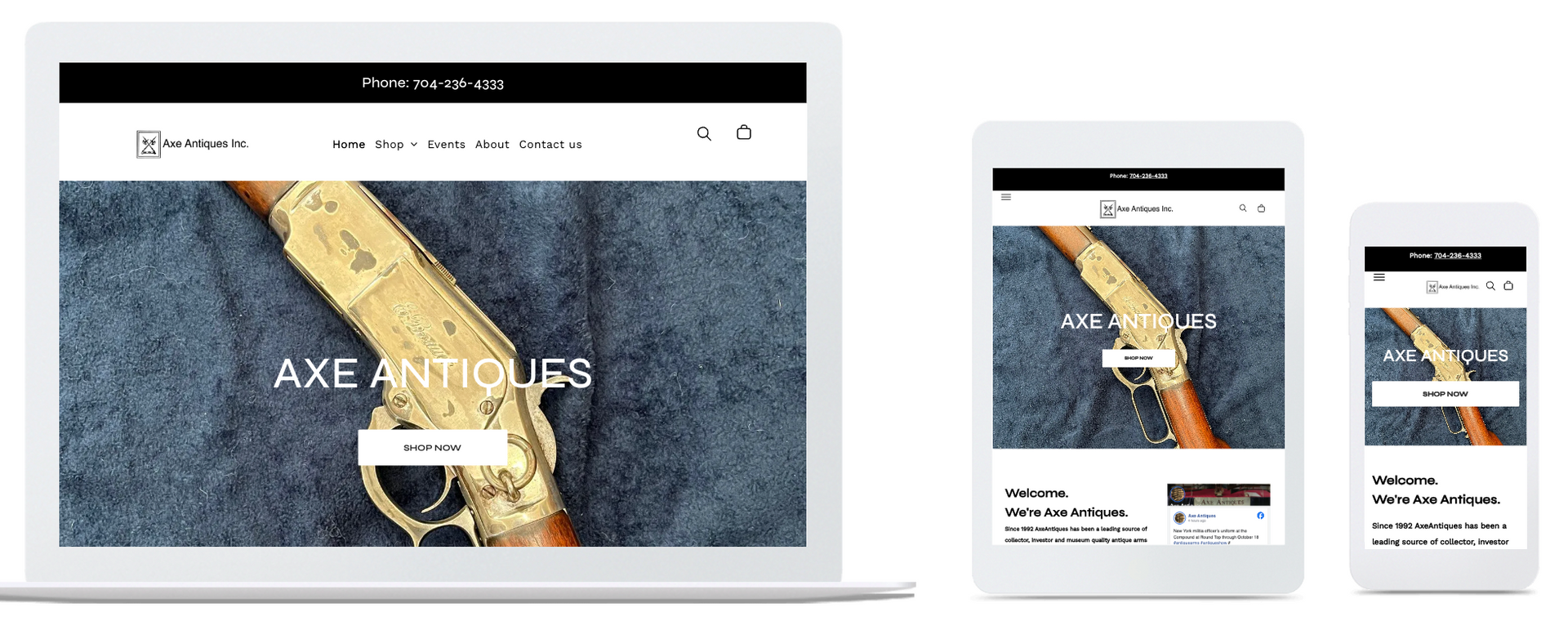Website displayed on laptop, tablet, and phone. Axe Antiques store front with golden gun on screen.