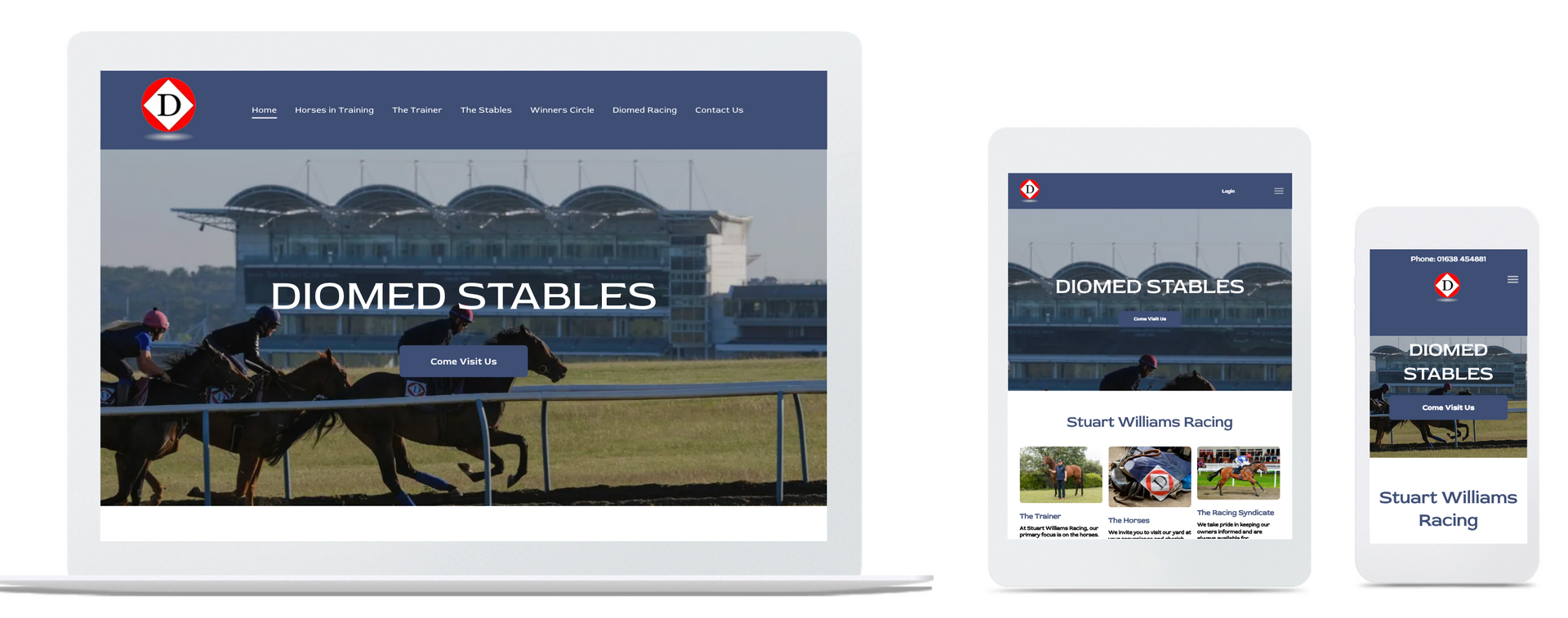 Website layout on laptop, tablet, and phone; racehorses running at the track.