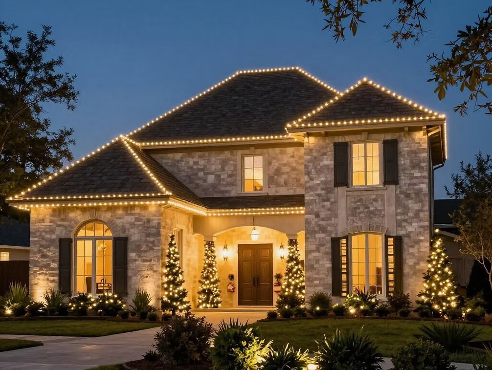 Stone suburban house at dusk with warm lights outlining the roof and windows, landscaped front yard.