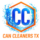 Blue CC logo inside orange hexagon with water splash, text: Can Cleaners TX