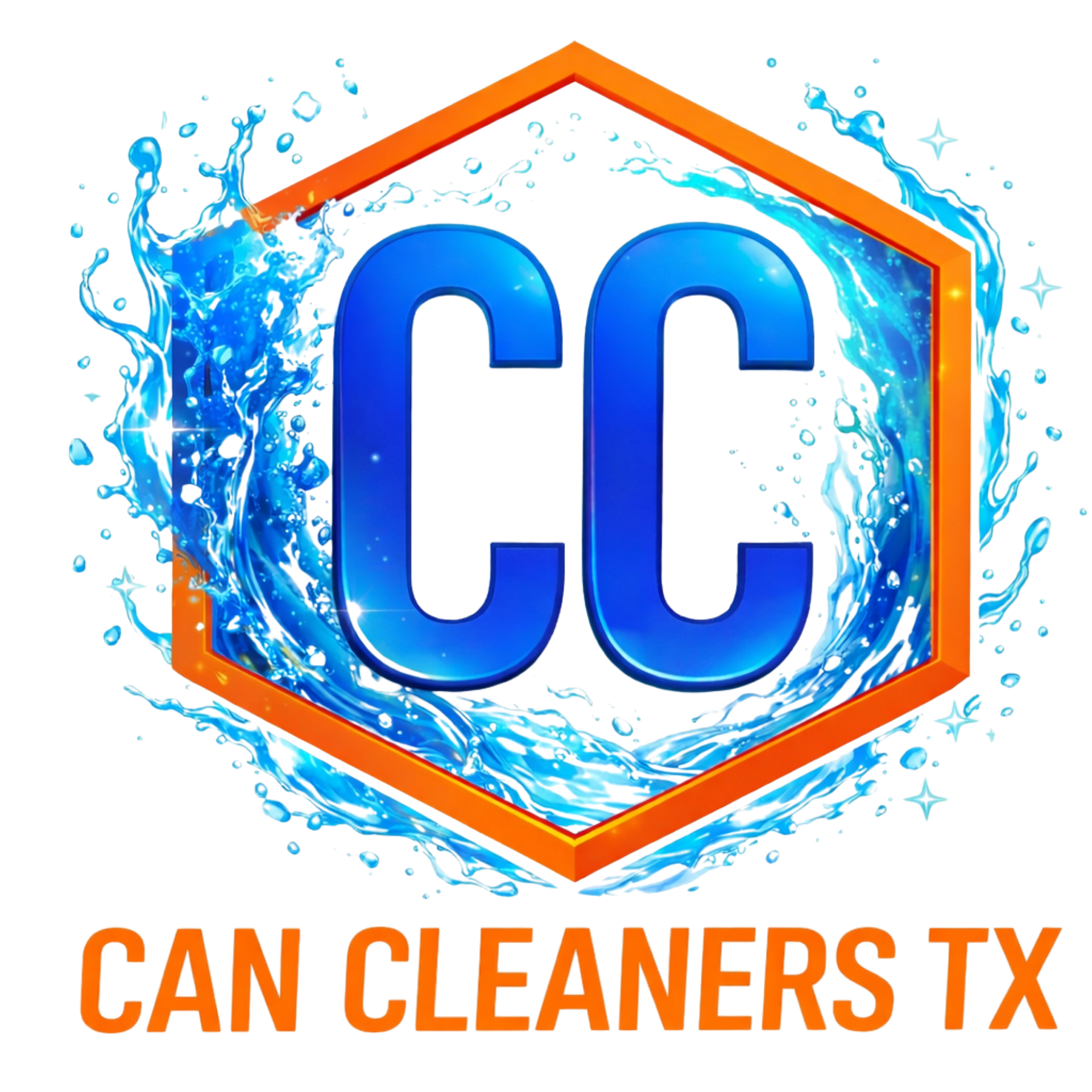 Blue CC logo inside orange hexagon with water splash, text: Can Cleaners TX