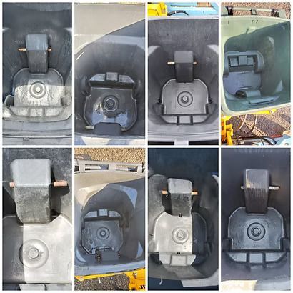 Collage of eight close-up views of car seat belt buckles and latches in gray and black interiors