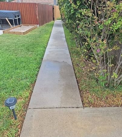 Concrete path beside lawn and hedge leading to a gate in a backyard.