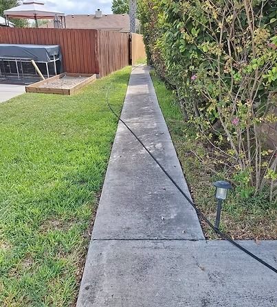 Narrow concrete walkway along a green lawn and hedge beside a wooden fence and backyard patio.
