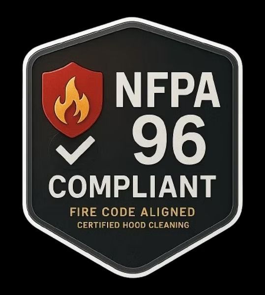 NFPA 96 compliant badge with flame icon, checkmark, and text: “Fire Code Aligned Certified Hood Cleaning”