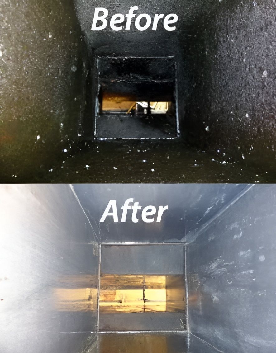 Before-and-after of a dark vent or duct interior, showing a cleaner, brighter opening after cleaning.