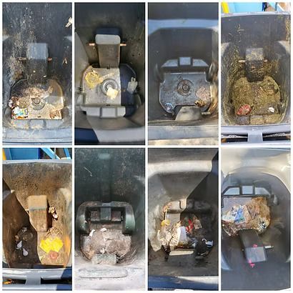 Collage of dirty car cupholders and consoles with trash, stains, and clutter scattered throughout.