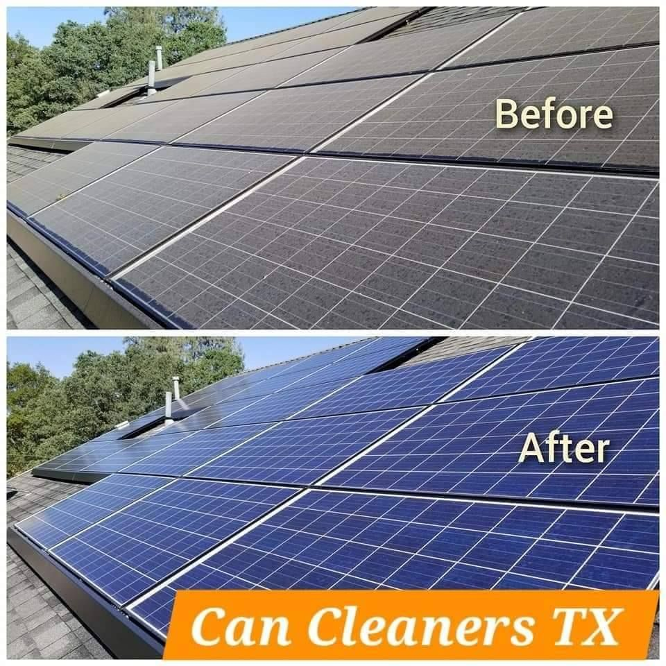 Solar panels before and after cleaning, showing improved blue panels on a roof with Can Cleaners TX branding